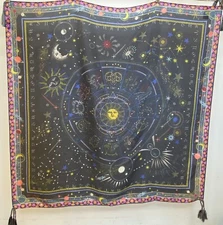 Johnny Was Celestine Silk Scarf Floral Black Tassels Sun Stars Square Large NEW