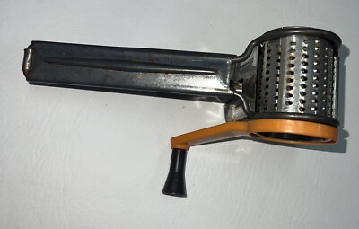 VINTAGE Mouli Grater Rotary Cheese Zester Made In USA Handheld Orange And Silver