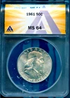 1961 50c Silver Ben Franklin Half-dollar MS 64 ANACS # 7880500 + Bonus