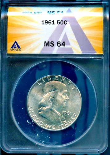 1961 50c Silver Ben Franklin Half-dollar MS 64 ANACS # 7880500 + Bonus