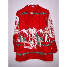1940s Wayne Maid Christmas Holiday Postcards Santa Poinsettias Tunic Shirt XL