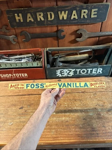 Vintage Embossed Tin Foss’ Vanilla Shelf Advertising Sign Kitchen