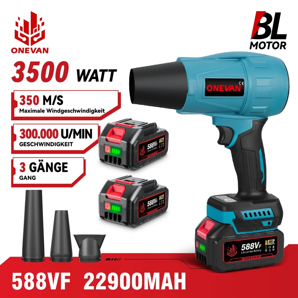 ONEVAN Akku Bläser Turbogebläse Turbo Blower Bürstenloser Luftgebläse Gebläse w/2 Akku