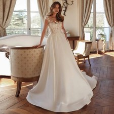 Fancy O-neck Wedding Dresses for Women Bride Cap Sleeves Satin Buttons Appliques