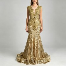 Glittle Gold Long Prom Dresses Luxury Mermaid Bead Formal Evening Party Gowns