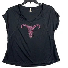 Roper Cuffed Short Sleeve TShirt Womens Size Small Black With Pink Graphic Steer