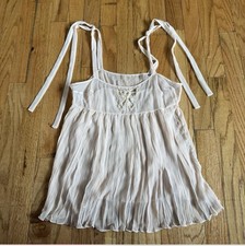 White Chiffon Vintage Pleated Babydoll Sleepwear with Bow Accent for Women