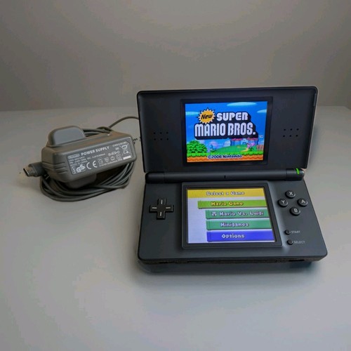 Nintendo DS Lite Schwarz Handheld Konsole + Offizielles Ladegerät + Super Mario Bros