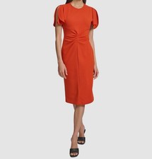 Calvin Klein Women's Orange Ruched Round Neck Flutter Sleeve Dress Size: 4