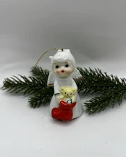 Miniature Bone China Angel With Stocking Mini Ornament Christmas Holiday Vintage