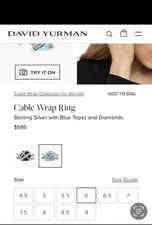 David Yurman Sterling Silver Cabl Size 6 Ring with Blue Topaz And Diamonds