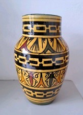 Handmade Moroccan Glazed Safi Vase Signed Yellow & Black Glaze Colourful 7 inch