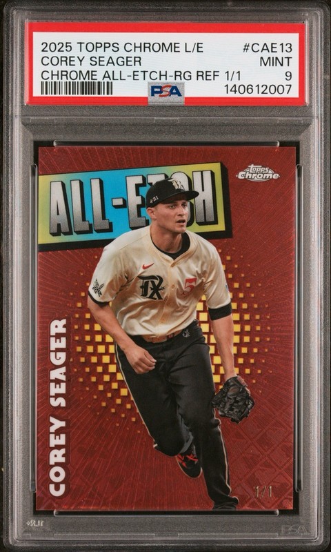 Topps Chrome Logofractor 2025 Corey Seager ROSE GOLD REFRACTOR Etch #1/1 PSA 9
