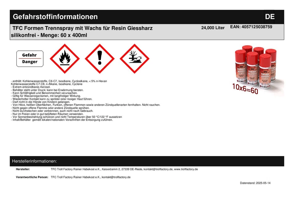 TFC Formen Trennspray mit Wachs für Resin Giessharz silikonfrei - 60 x 400ml - Bild 2 von 4