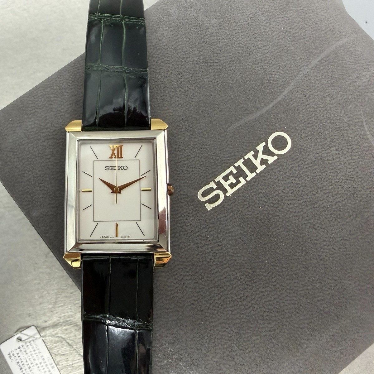 Seiko Tank Watch Men 27mm White Dial Two Tone Rectangle 4J41-0AS0