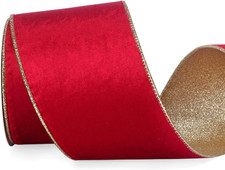 Red Velvet Wired Ribbon 4 Inch Red Velvet with Gold Glitter Christmas Ribbon for