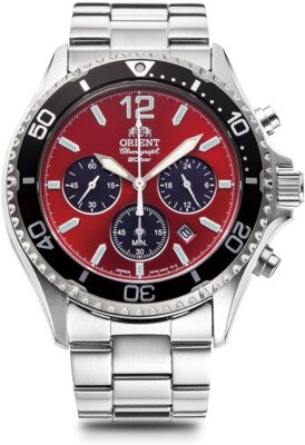Orient Mako RN-TX0207R Mens Watch Panda Sport Red Dial Solar Analog Chronograph