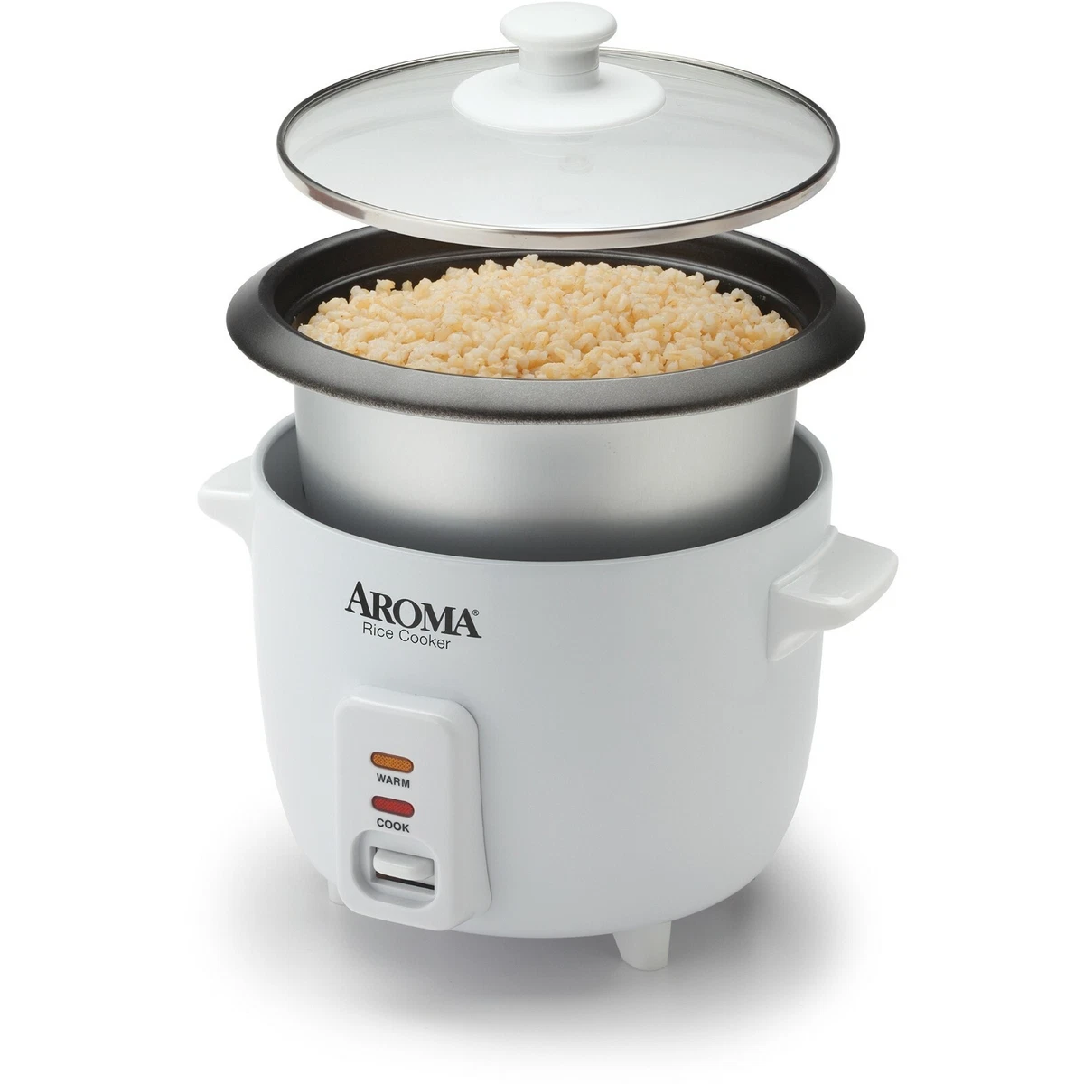 Aroma 6 Cup Non-Stick Pot Style White Rice Cooker, 3 Piece 1.5 Qt