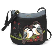 NEW CHALA BLACK BLUE CHICKADEE BIRD CRESCENT CROSSBODY PURSE FAUX LEATHER