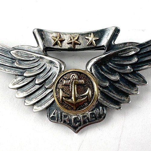 Vintage Pin WW2 US Navy Vanguard .925 Aircrew Wings w/ 10k Gold Anchor & 3 Stars - Picture 5 of 6