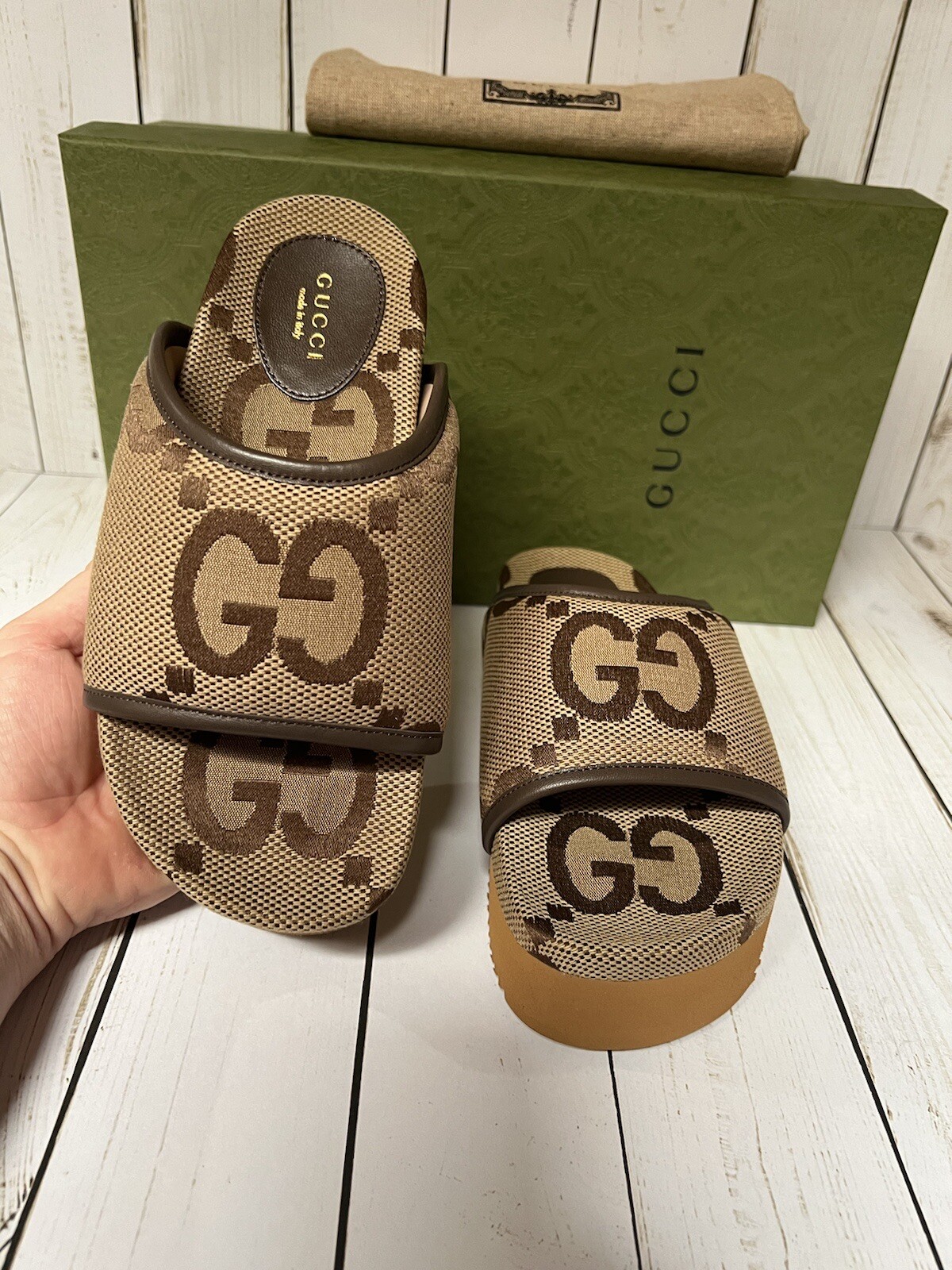 Gucci Jumbo Monogram GG Platform Slide Sandal Camel/Ebony Sz 35 / 5 image 7