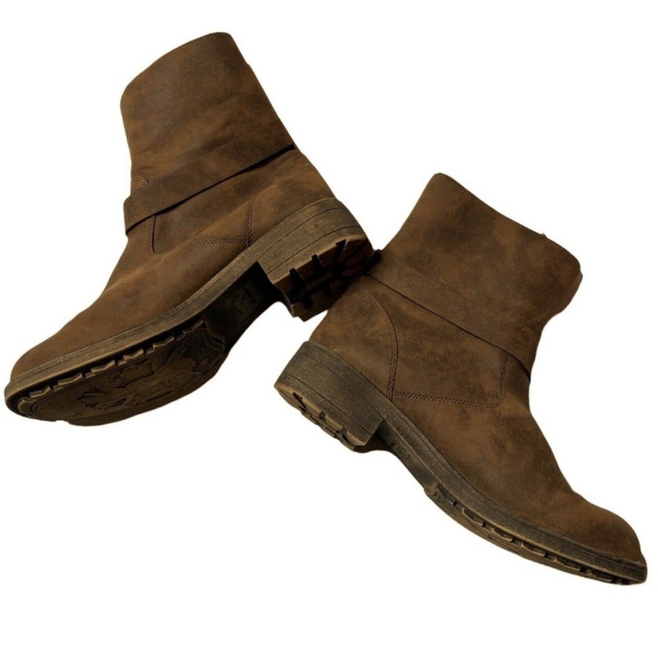 Rocket Dog Chunky Ankle Boot Block Heel Biker Buckle Brown Faux Leather