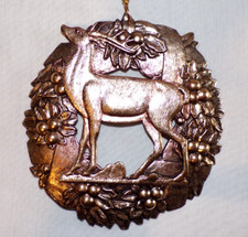 Holly Berry Wreath Reindeer Deer Buck Christmas Tree Ornament 5" Gold Animal