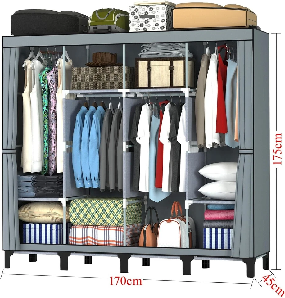 Kleiderschrank Stoffschrank mit 2 stabilen Kleiderstangen 170x45x175cm Grau C206 - Bild 3 von 4