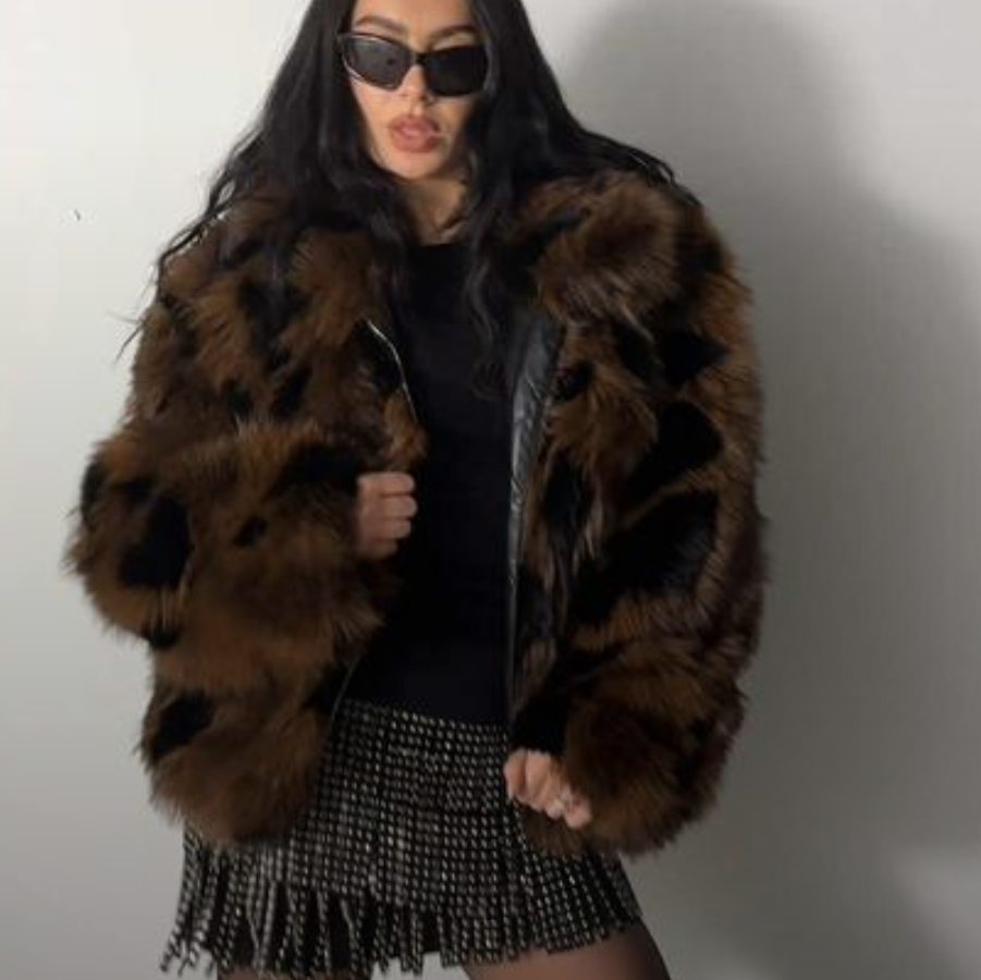 NWT H&M Holiday 2024 Fluffy Faux Fur Jacket Dark Brown/Patterned