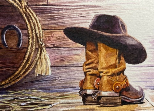 Watercolor Painting Still Life Cowboy Boots Hat Lasso ACEO Art