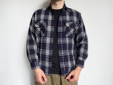 80s 90s Vintage Sears Fieldmaster Navy Blue Wool Flannel Plaid Button Shirt M