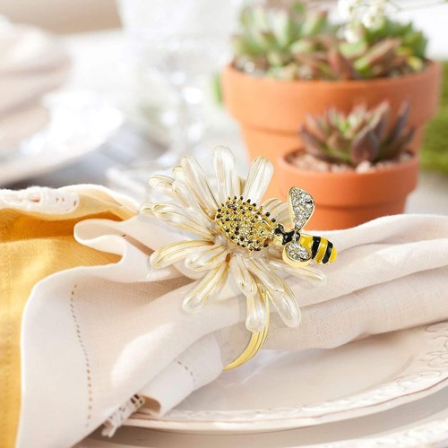 Kesote Daisy Sunflower Napkin Rings Set of 6, Gold Bee Ring Cream - Picture 5 of 6