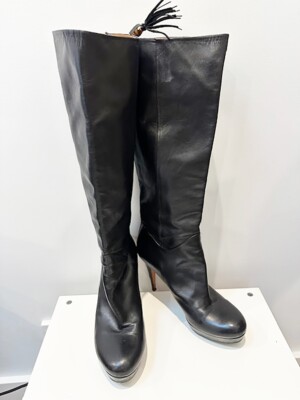 Designer GUCCI Stunning Black Leather Knee High Bead Tassel Women's Boots