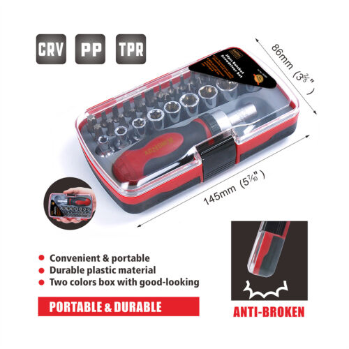 38pc 1/4" Dr. Socket Ratchet Handle+33pc Bits Torx Hex Ph - Bild 3 von 8