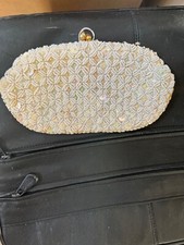 Vintage White Beaded Satin Lined 1950s cream colored clutch bag. Wedding purse