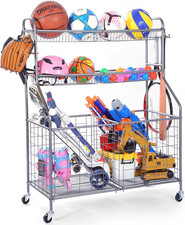 Ball Organizer for Garage, Steel Sport Equipment Organizer with Baseball Bat Hol