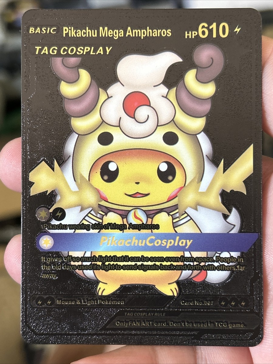 【海外版】Pikachu Mega Ampharos コスプレしたピカチュー Pokemon Pikachu Mega Ampharos Tag Cosplay Black Foil Fan Art Card