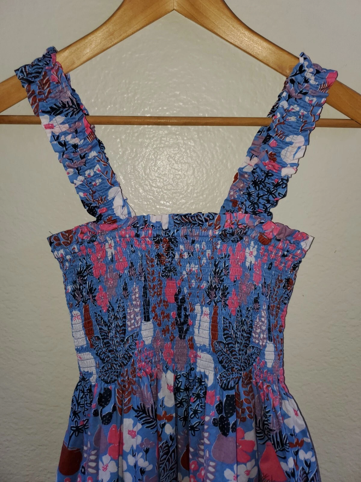 Abito midi Kate Spade Garden Posy smocked stampa gatto cactus taglia XS blu