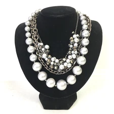 Robert Rose Beaded Necklace Multi Strand Silver Pewter Tone Link Statement