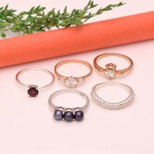 Three Stone Multi Gemstone 925 Sterling Silver Solitaire 5 Pcs Combo Ring Size-9