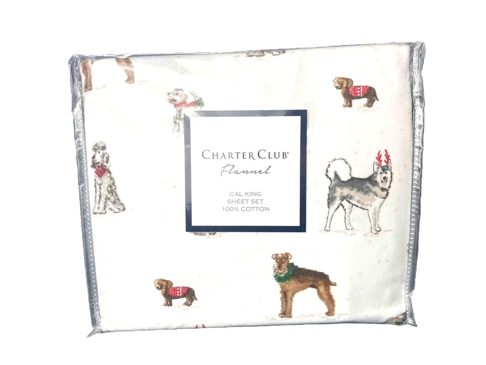 Juego de sábanas Charter Club 100 % algodón franela 4 piezas fiesta perros Cal-King $180 Foto 2 de 4