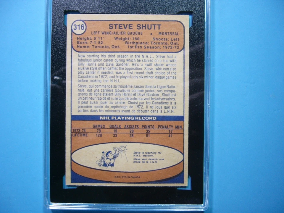 Tarjeta de hockey 1974/75 O-PEE-CHEE NHL #316 STEVE SHUTT ROOKIE RC KSA 6,5 EX/NM+ OPC Foto 4 de 4