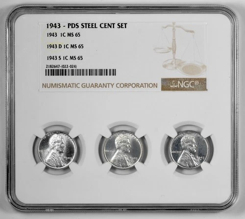 1943 P D S 1c Lincoln Steel Wheat Cent Set NGC MS 65 Three Coin Lot Holder
