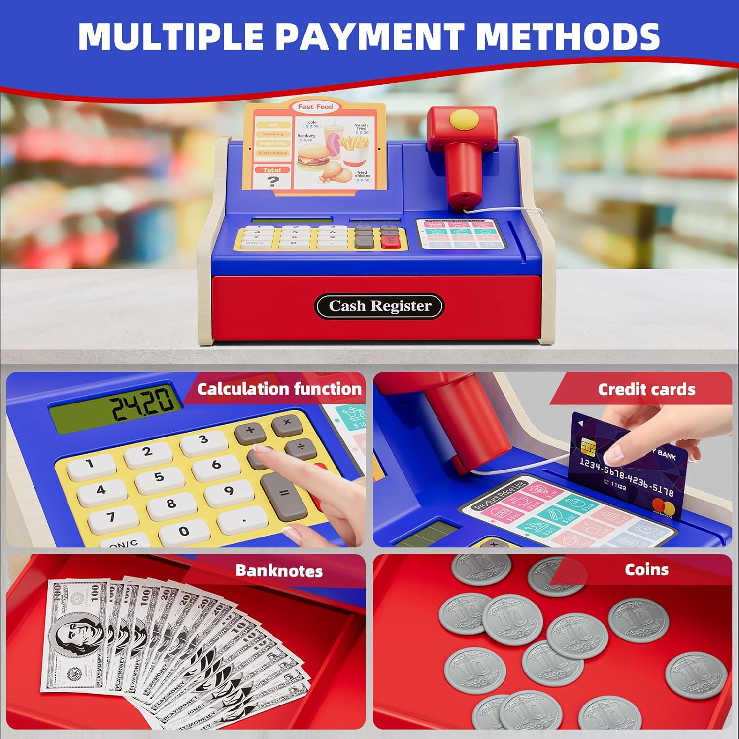 как выглядит Wooden Cash Register for Kids, Rechargeable Pretend Play Supermarket Fast Food фото