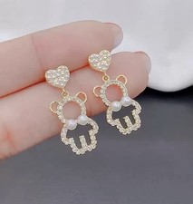 Mini Bear Rhinestones Dangle Earrings Statement Faux Pearl Gold Accent Jewelry