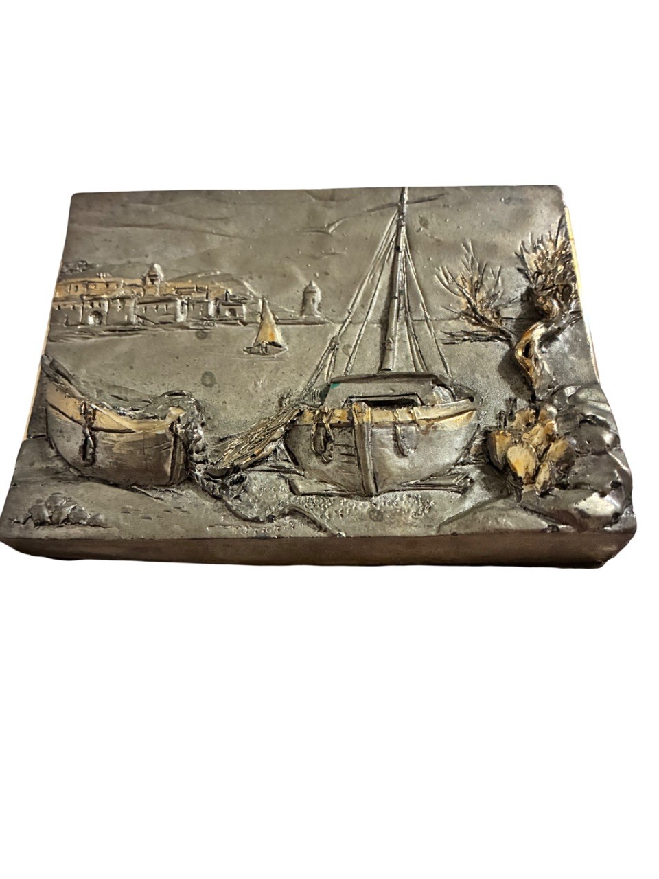 Vtg Silver ARG 925 3D Relief Picture Beached Sailboats Middle Eastern Houses 5x4