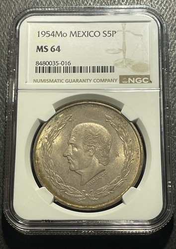 Mexico 1954Mo 5 Pesos Silver Coin: Key Year!-NGC MS64