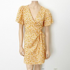 Madewell Sz Large Yellow Fiore Floral Print Short Sleeve V-Neck Wrap Mini Dress