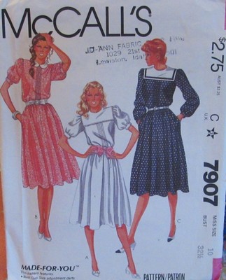 VTG McCalls 7907 Misses 10 Blouson Dress Bust Cup Adjustments A-B-C Pattern UNCT