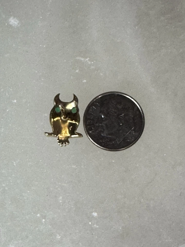 Pin Tac de corbata de búho de oro macizo de 14K 8,8 x 15,5 mm 1,4 g cristal verde Foto 3 de 4